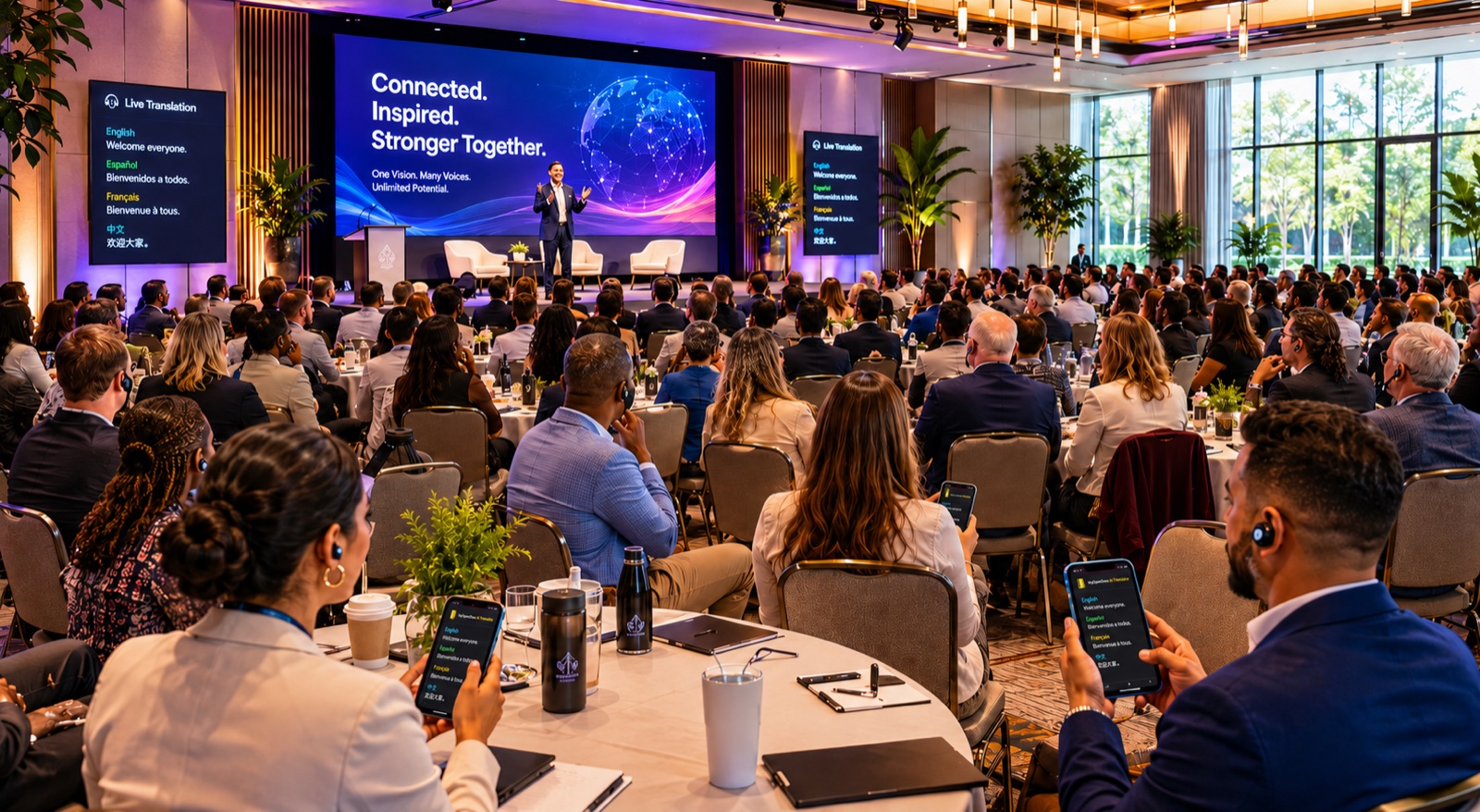 A packed multilingual conference — attendees following the live translation on their phones while a speaker presents on the mainstage